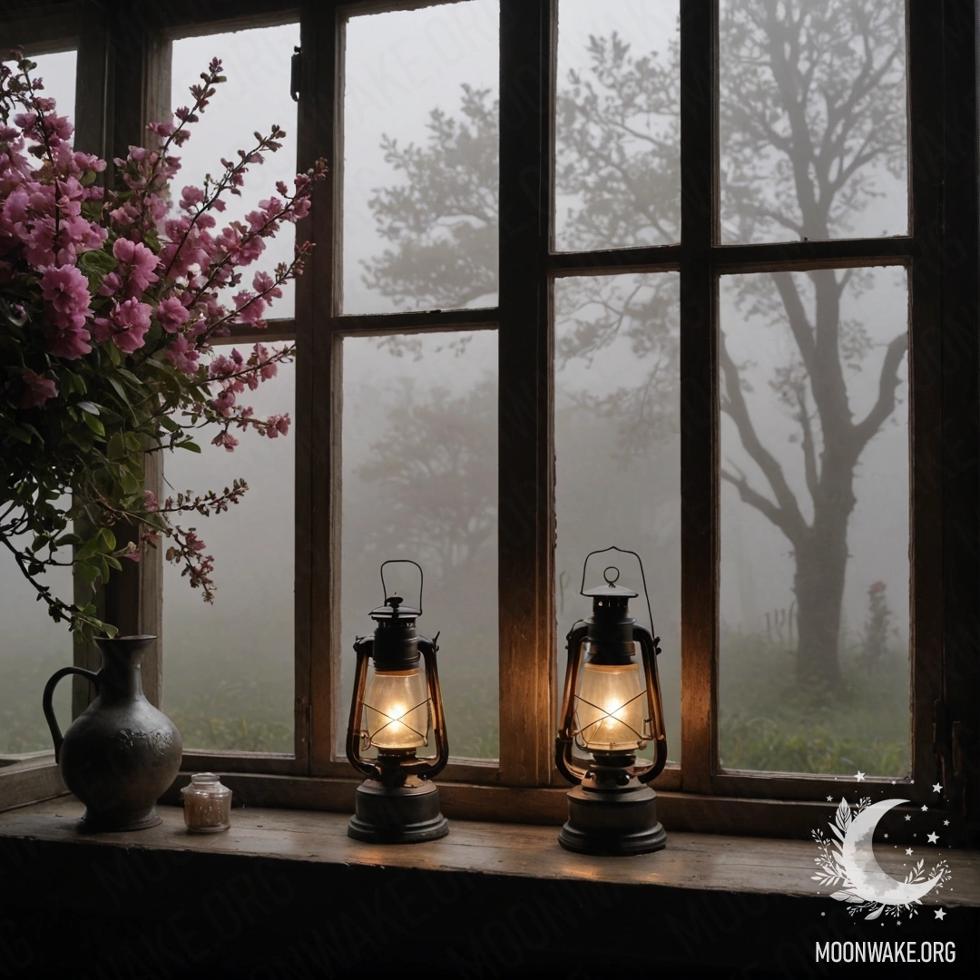 Старинное деревянное окно с ставнями, украшенное розовыми цветами и керосиновой лампой над ним, окруженное густым туманом.