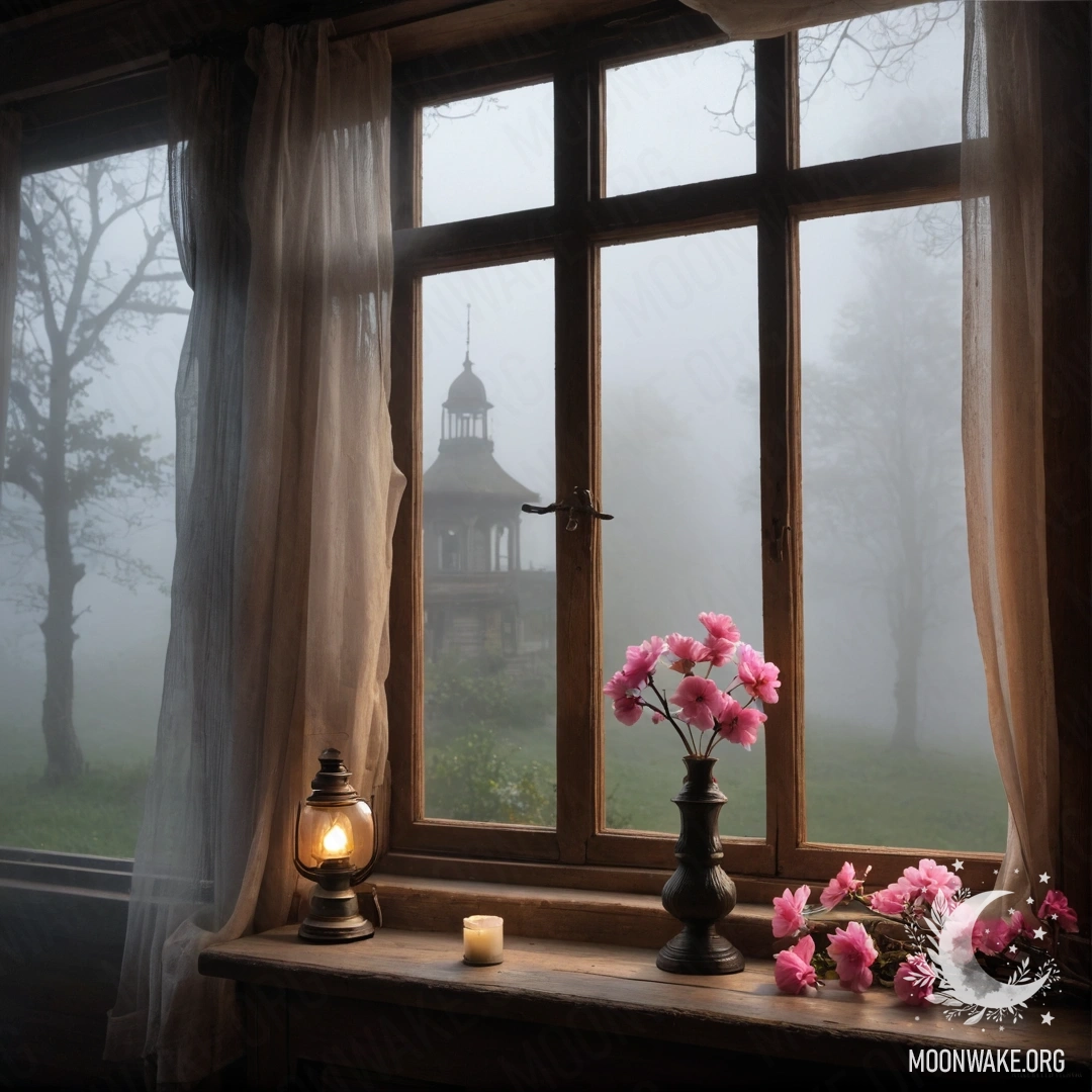 На ветхом деревянном окне ветвь с розовыми цветами и керосиновая лампа, окруженные густым туманом.