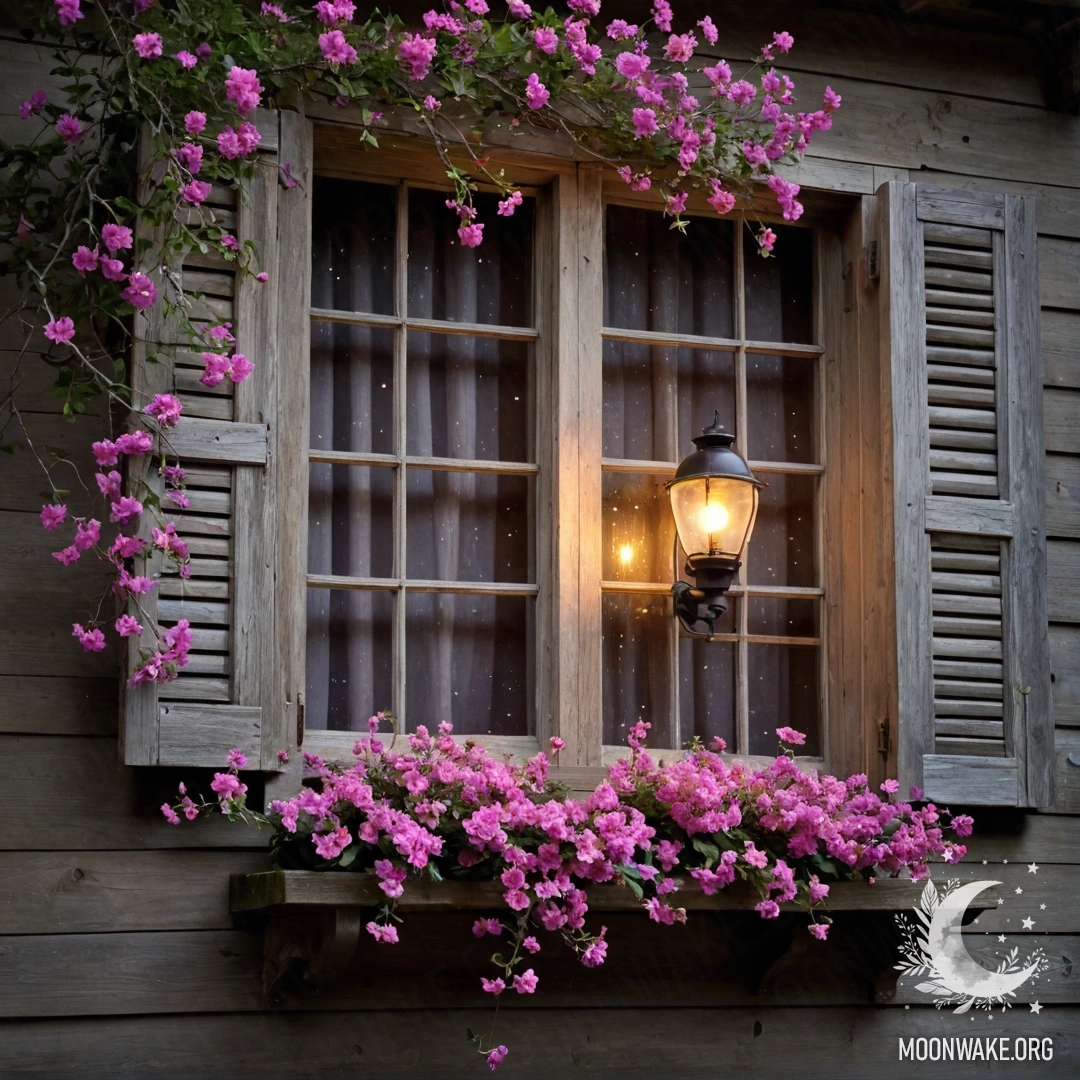 Старое деревянное окно с рамой, керосиновая лампа над ним и ветка с розовыми цветами вокруг в ночное время.