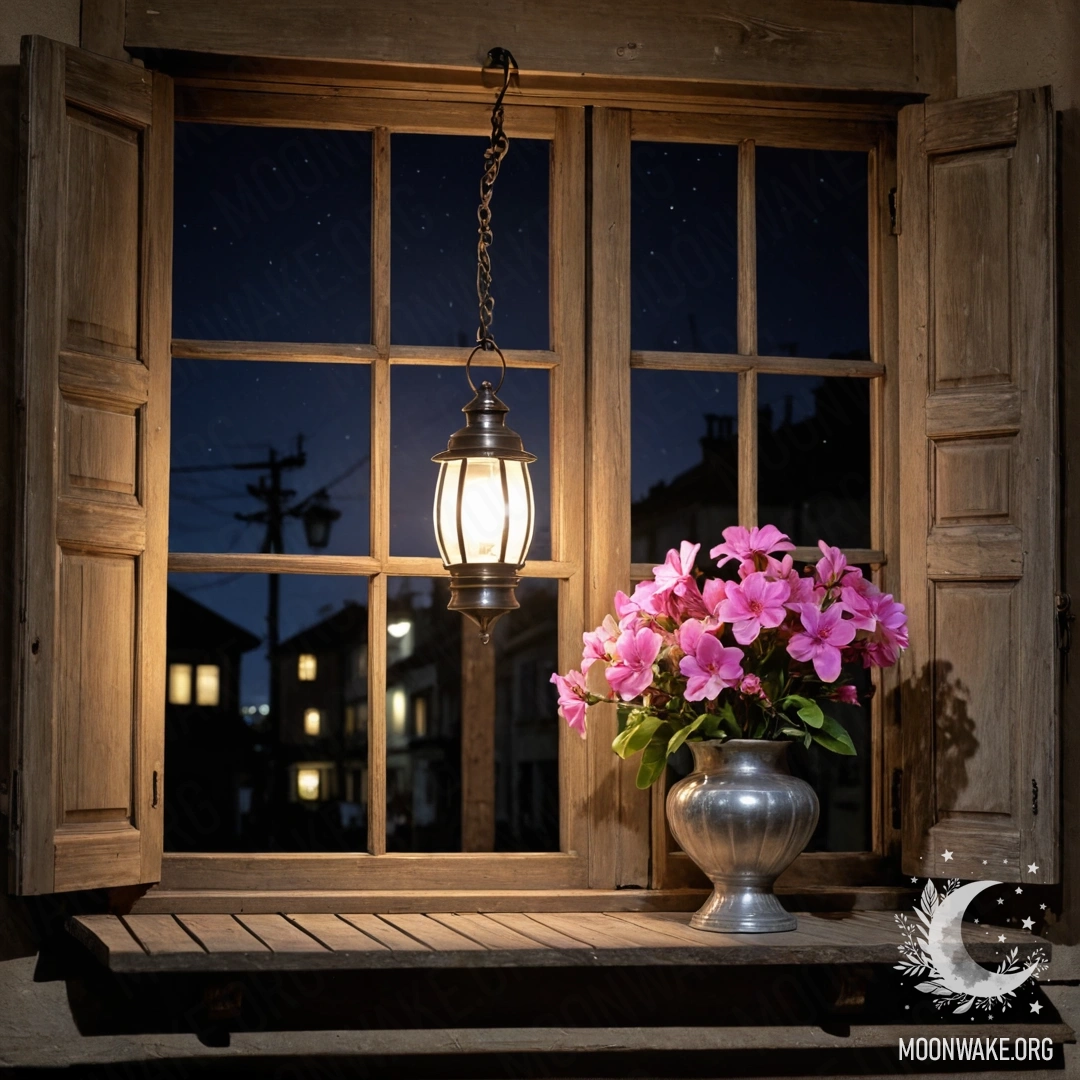 Старое деревянное окно с ставнями, керосиновая лампа и розовые цветы ночью.