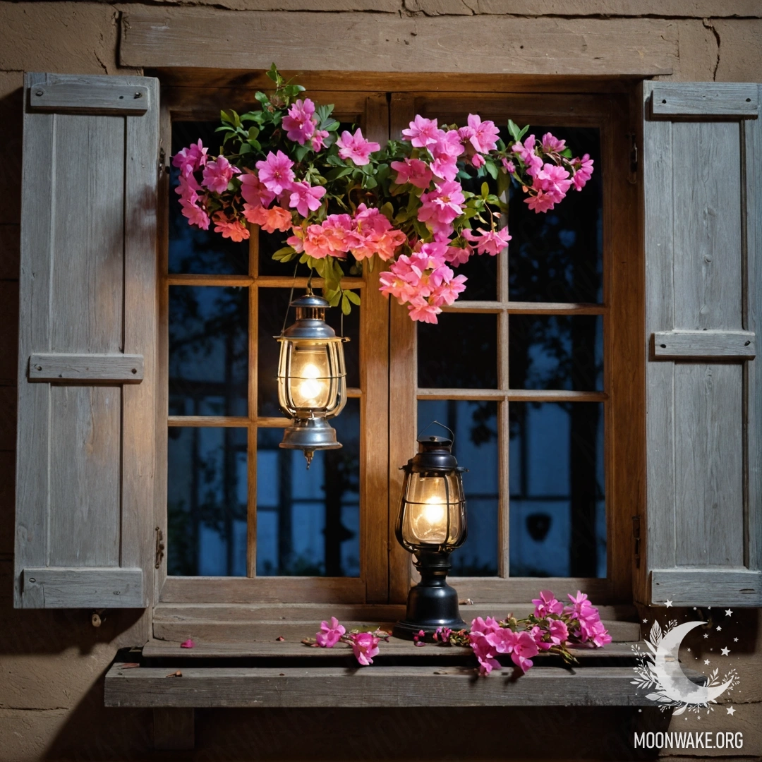 Старое деревянное окно ночью с керосиновой лампой и розовыми цветами.
