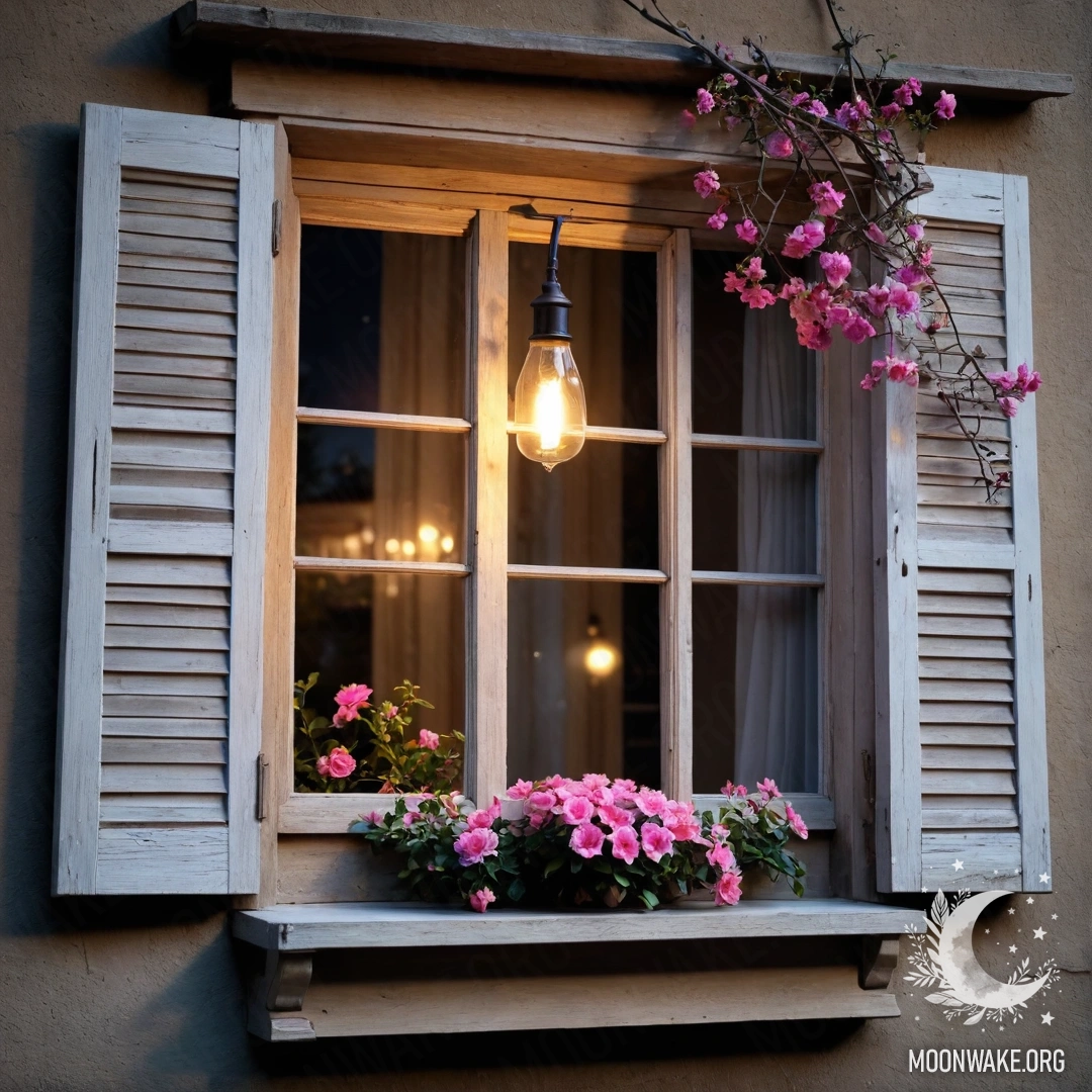 Старое деревянное окно с ставнями, обвито розовыми цветами, под светом керосиновой лампы ночью.