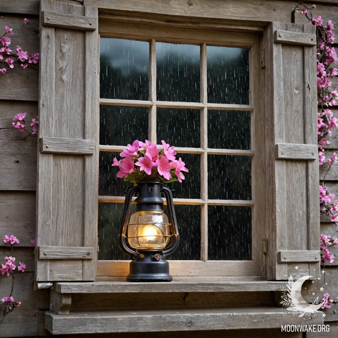 Старинное деревянное окно с ставнями, над которым висит керосиновая лампа, обвито розовыми цветами под дождем.