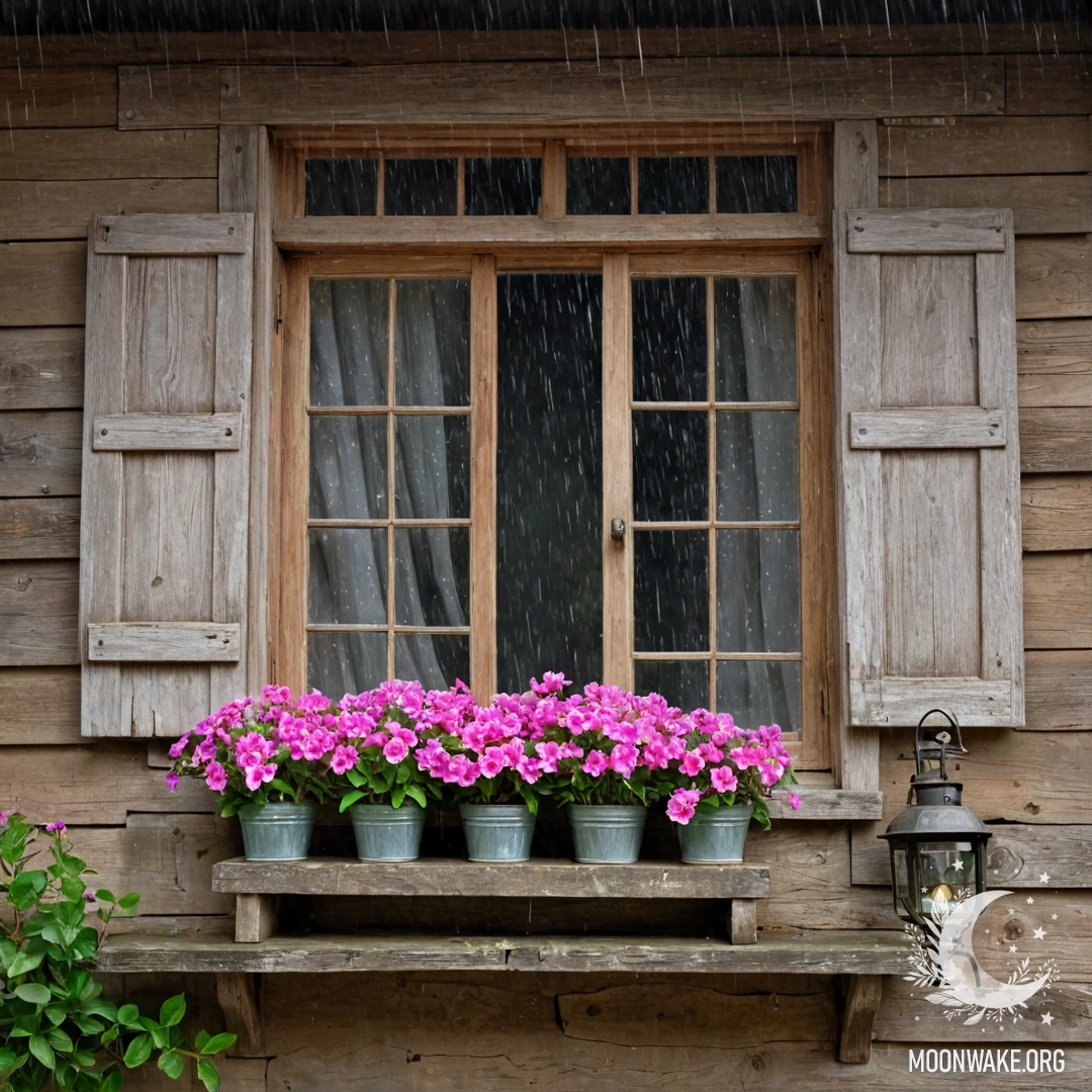 Старое деревянное окно с розовыми цветами и керосиновой лампой, обрамленное дождем.