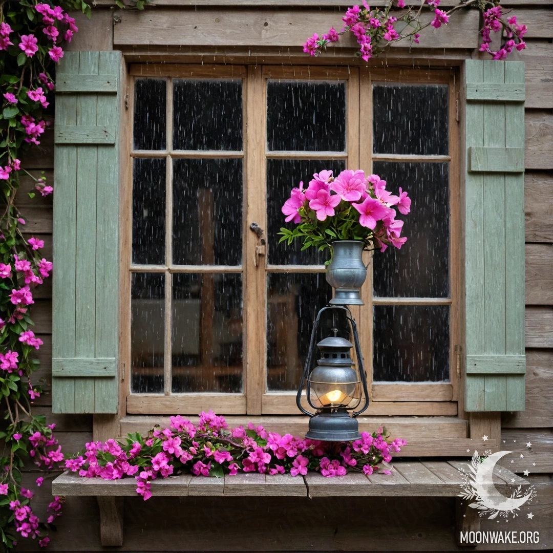 Старинное деревянное окно с ставнями, над ним висит керосиновая лампа, а ветка с розовыми цветами обвивает окно под дождем.
