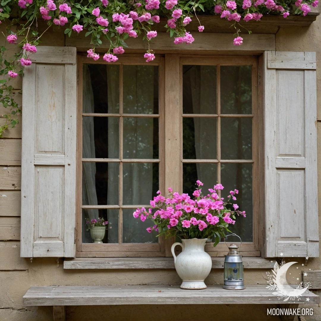 Потертое деревянное окно, украшенное розовыми цветами и подвешенной над ним керосиновой лампой.