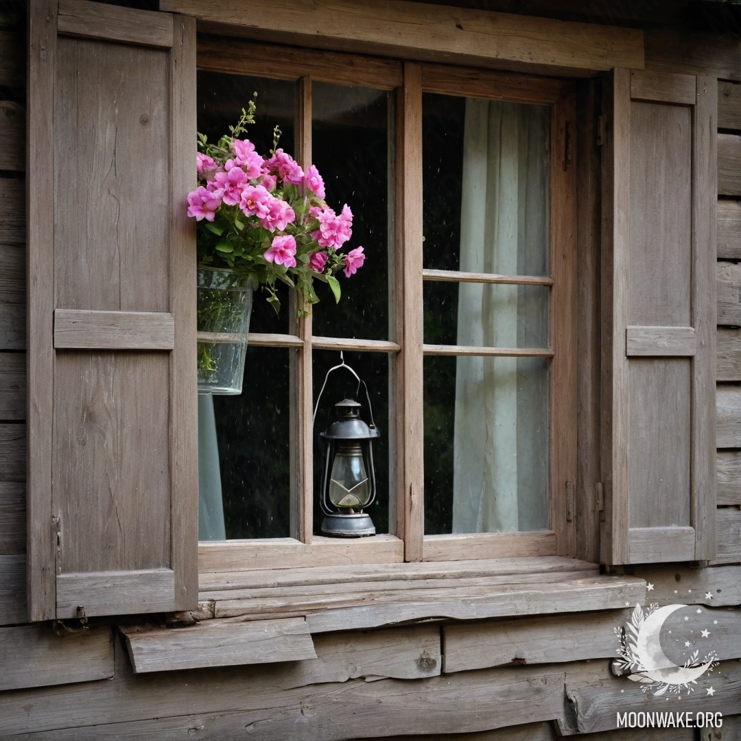 Старое деревянное окно с ставнями, украшенное розовыми цветами и керосиновой лампой над ним, под дождем.