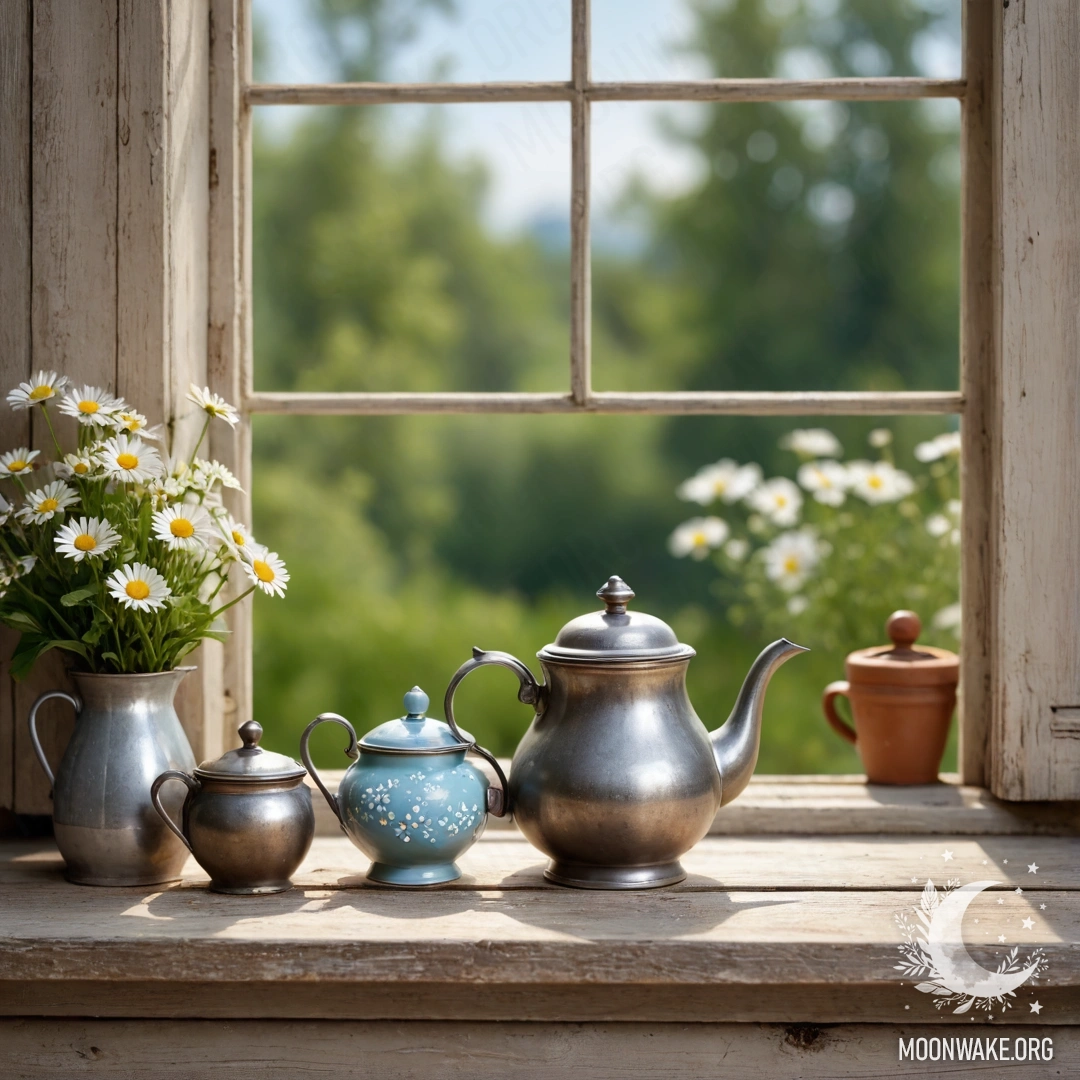 Старый деревянный подоконник с декоративным металлическим чайником и ромашками