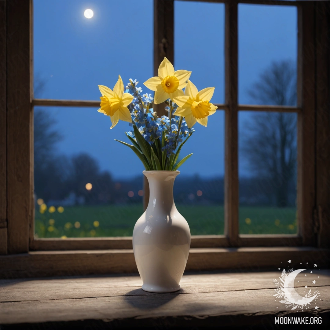 Старый, потертый деревянный подоконник с белой фарфоровой вазой, в которой находятся нарциссы и незабудки в ночное время.