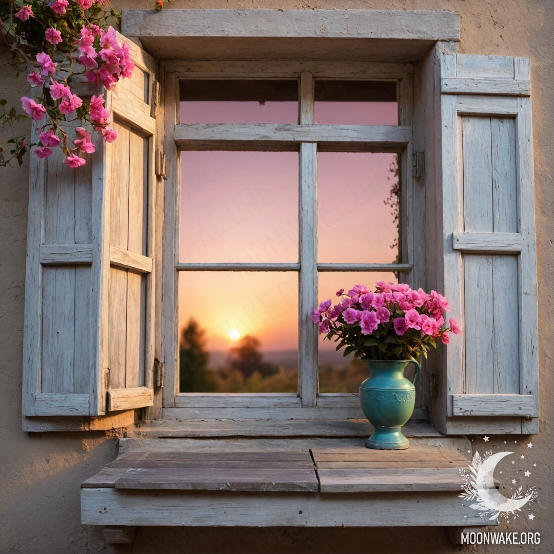 Старое деревянное окно с ставнями, керосиновая лампа над окном и ветка с розовыми цветами, обвивающая окно на закате.