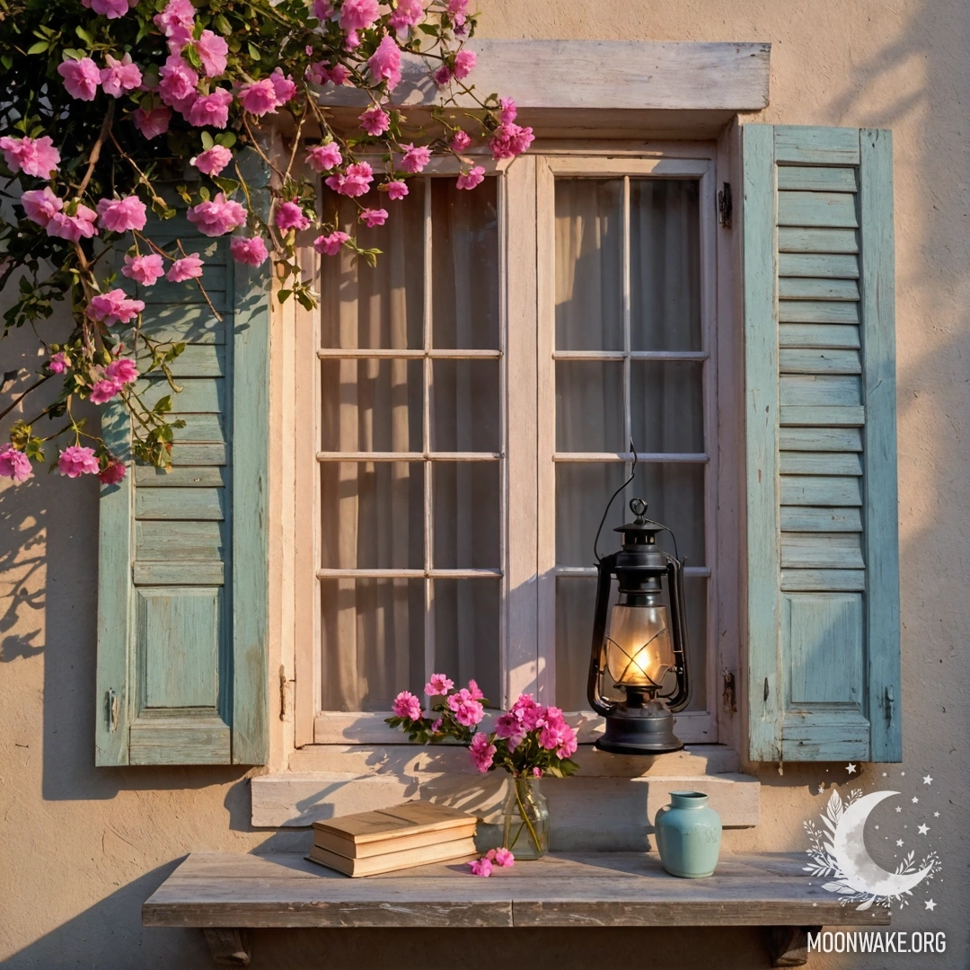Старое деревянное окно с ставнями, керосиновая лампа и розовые цветы на фоне заката.