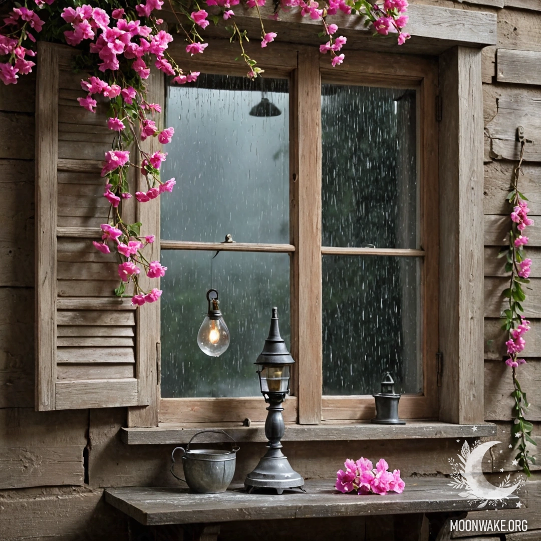 Старое деревянное окно с розовыми цветами и керосиновой лампой.