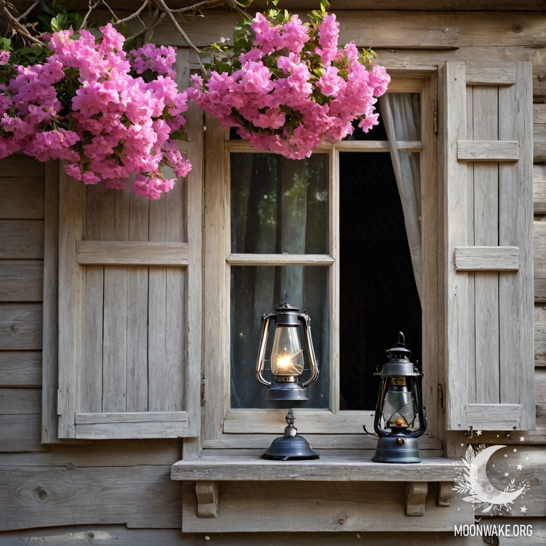 Потрепанное деревянное окно, обрамленное ставнями, с веткой розовых цветов и керосиновой лампой над ним.