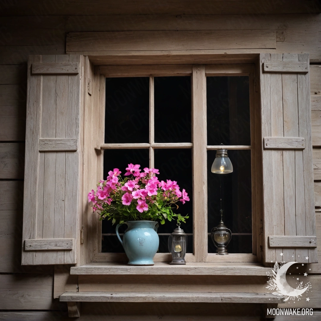 Старое деревянное окно с ставнями, украшенное розовыми цветами и висящей над ним керосиновой лампой ночью.