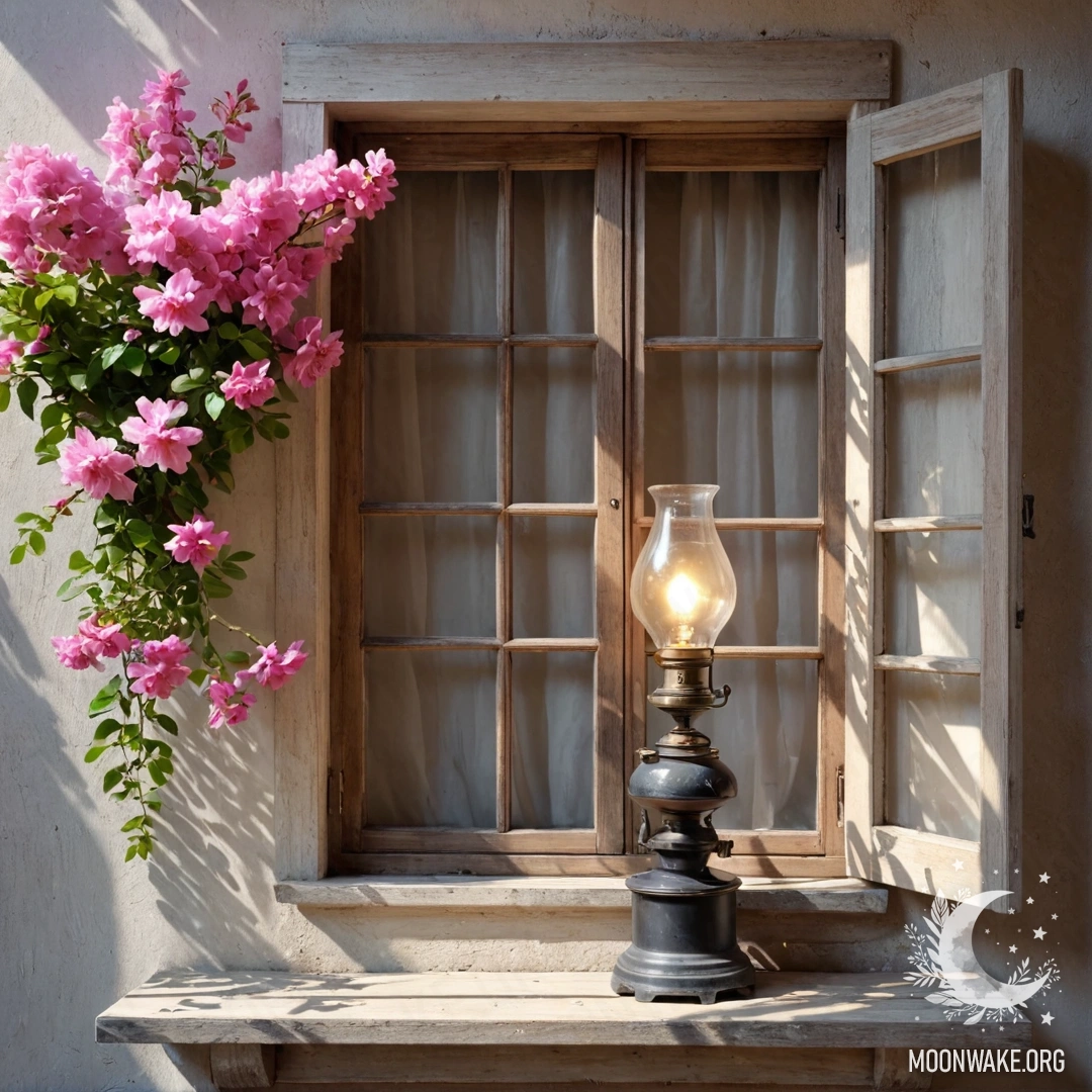 Старинное деревянное окно с ставнями и керосиновой лампой, украшенное розовыми цветами в солнечных лучах.