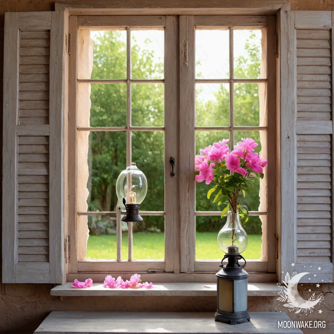 Старая деревянная дверь с ставнями, украшенная розовыми цветами и керосиновой лампой сверху, освещённая солнечными лучами.