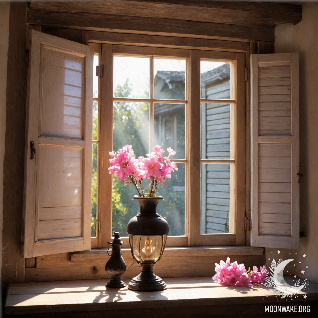 Старое деревянное окно, украшенное розовыми цветами и керосиновой лампой над ним, освещенное солнечными лучами.