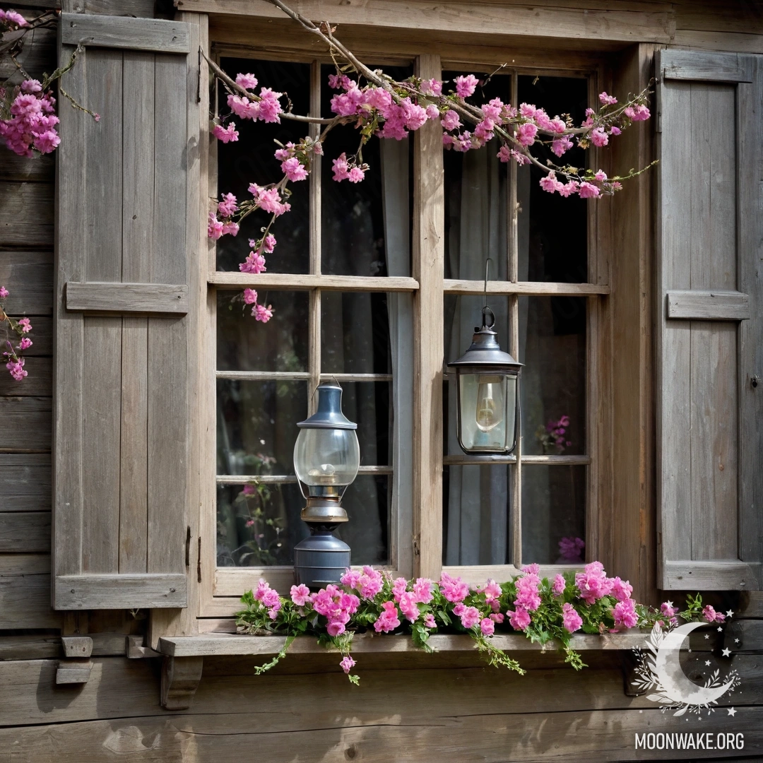 Старое деревянное окно, обвито розовыми цветами и с керосиновой лампой над ним.
