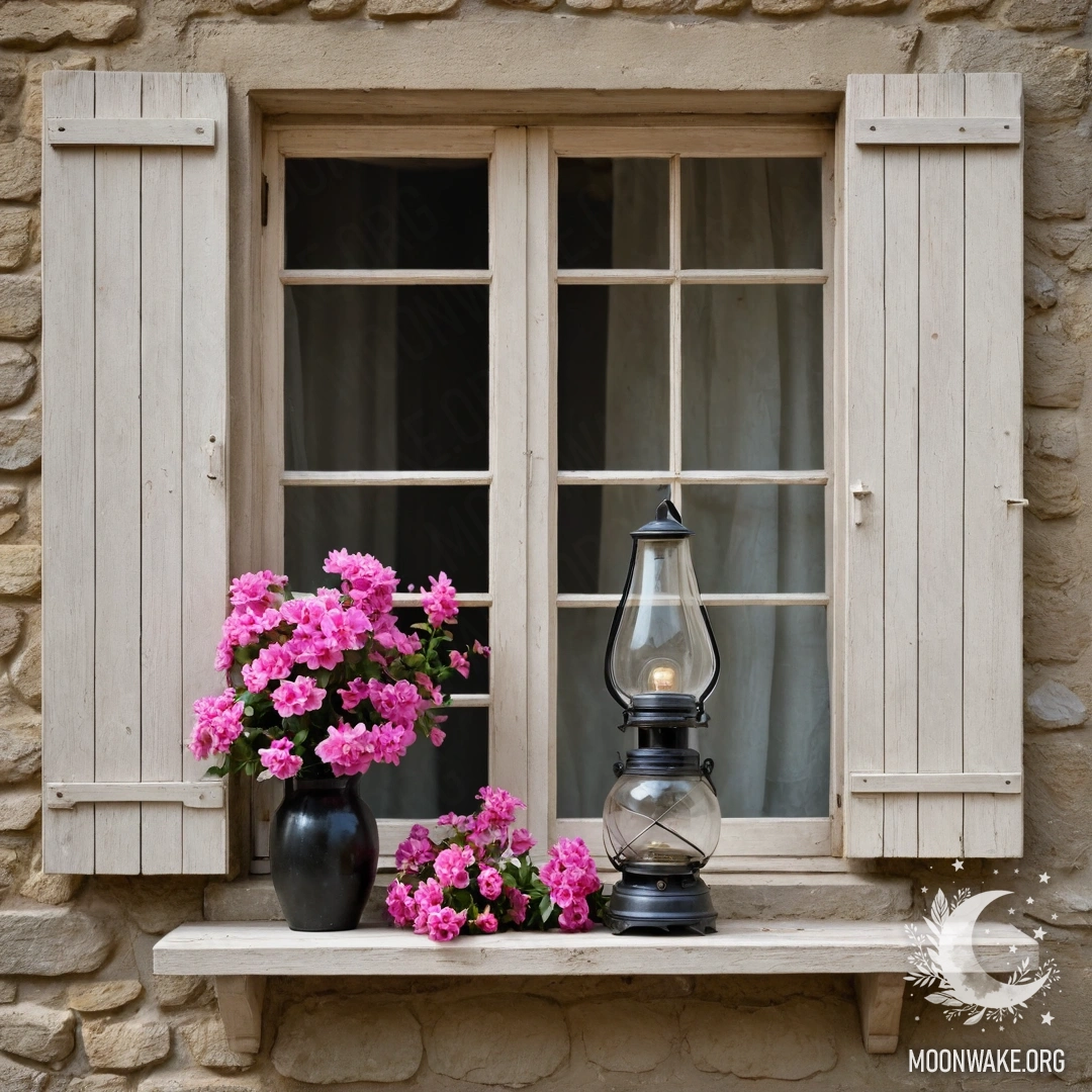 Старая деревянная рама окна, обвитая розовыми цветами, с керосиновой лампой выше.