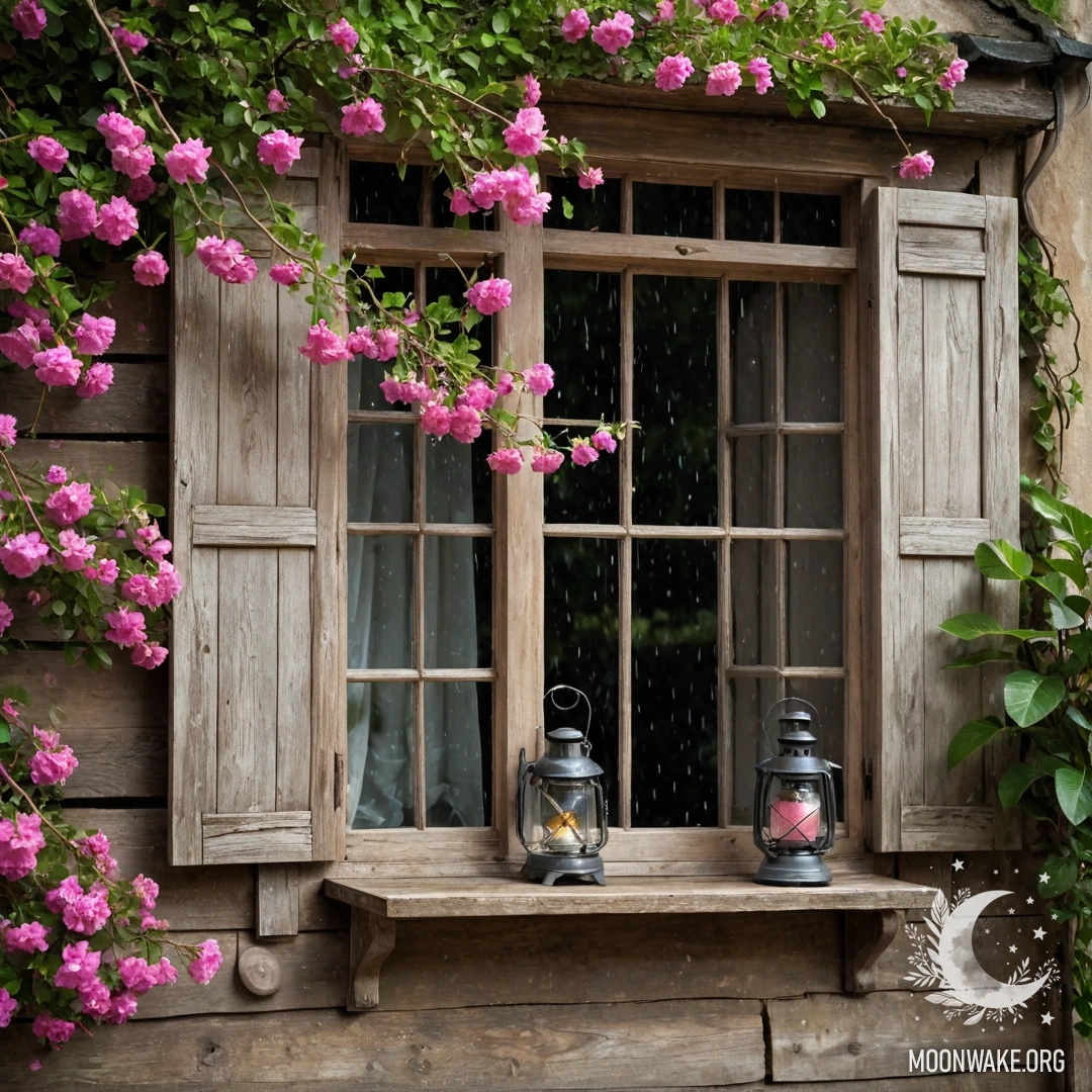 Потрепанное деревянное окно с жалюзями и керосиновой лампой сверху, украшенное веточкой с розовыми цветами под дождем.