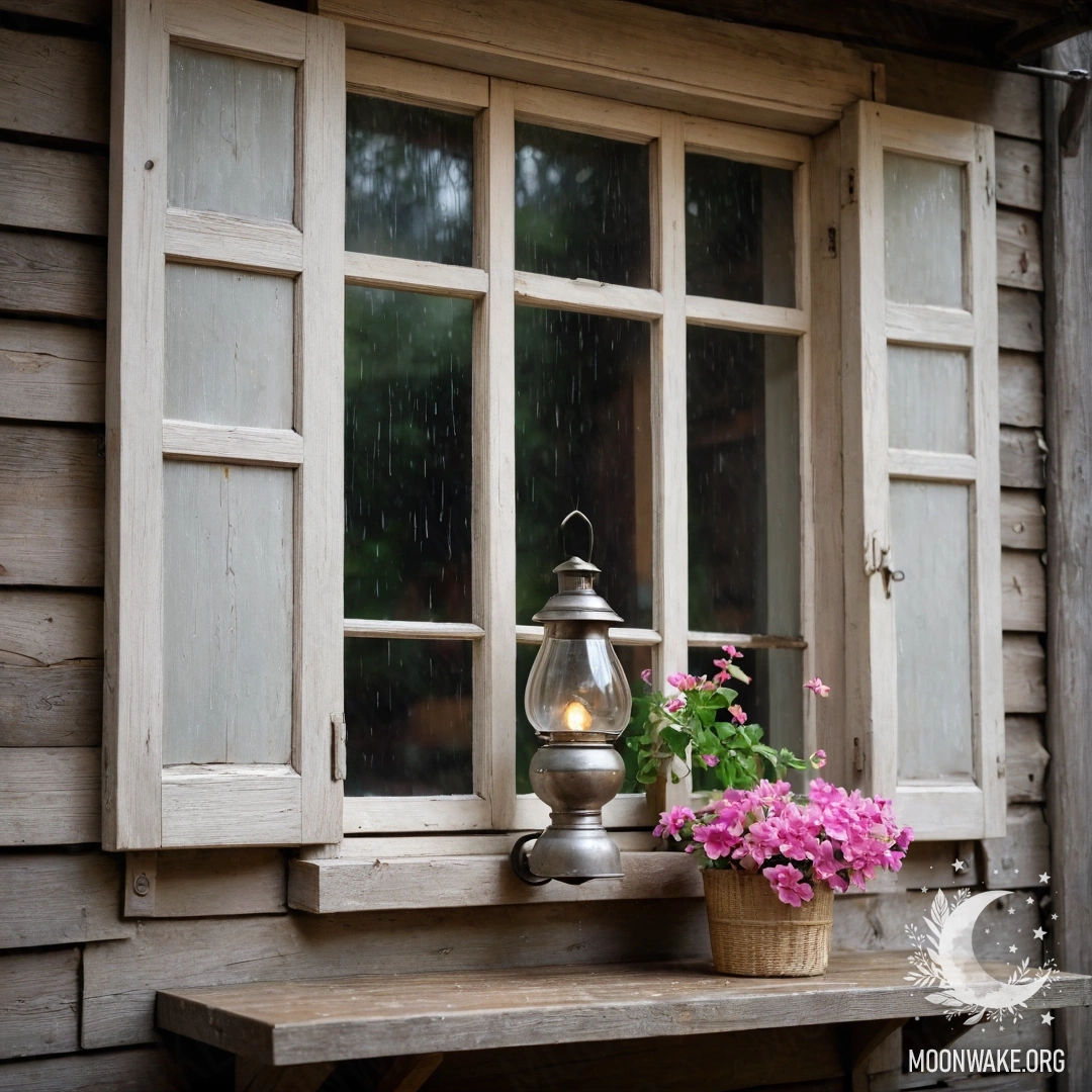 Запущенное деревянное окно с ставнями и керосиновой лампой сверху, обрамленное розовыми цветами и под дождем.