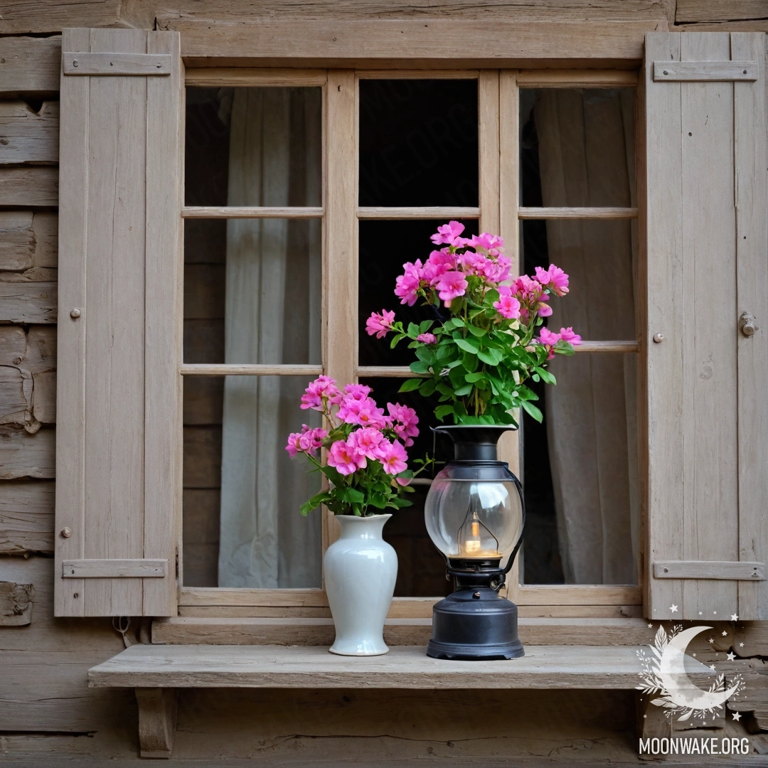 Заброшенное деревянное окно с ставнями, керосиновая лампа и розовые цветы.
