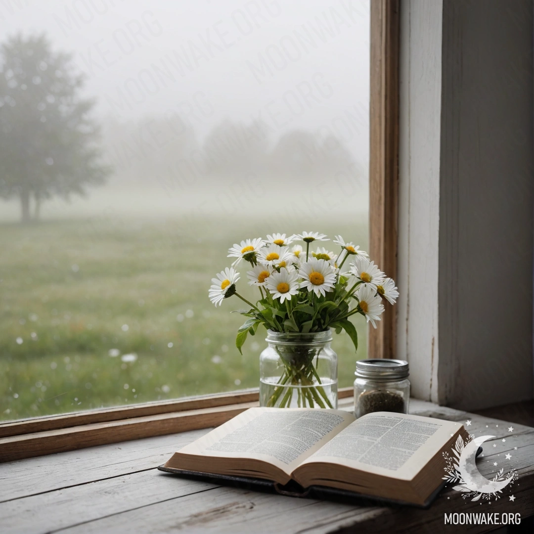 Старый деревянный подоконник, на котором стоит банка с ромашками и открытая книга, окружённые густым туманом.