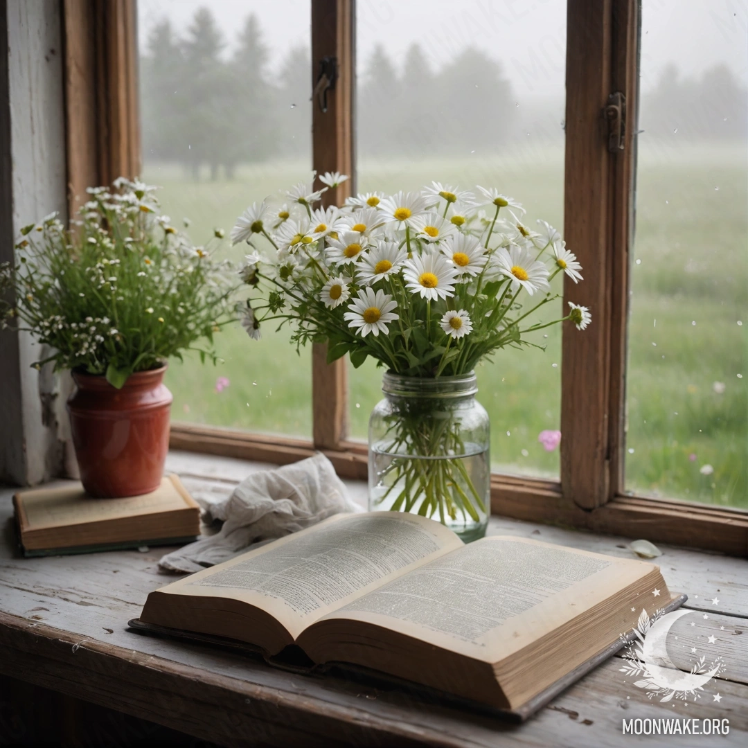 Старый деревянный подоконник, украшенный баночкой с ромашками и открытой книгой, окутанный густым туманом.