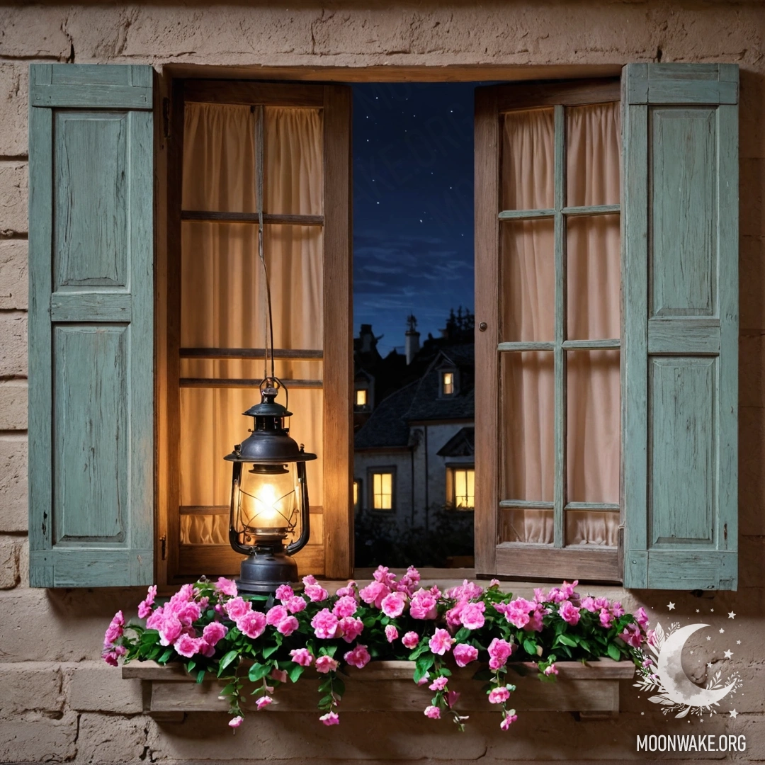 Старый деревянный подоконник с банкой маргаритов и открытой книгой под закатным светом.