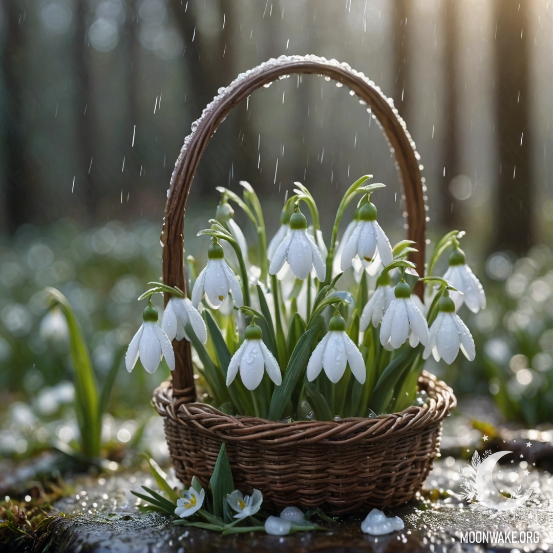 Нежный подснежник, расположенный в аквамариновой корзине, с каплями дождя, сверкающими на его лепестках, и солнечными лучами, освещающими сцену.
