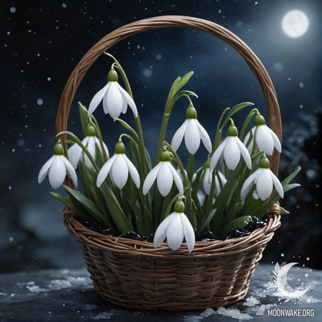 Нежный подснежник с паутинкой в корзине цвета морских волн под ночным небом.