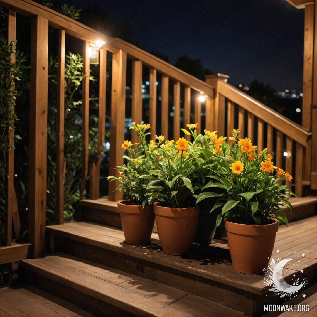 Деревянная лестница, украшенная цветочными горшками в ночное время.