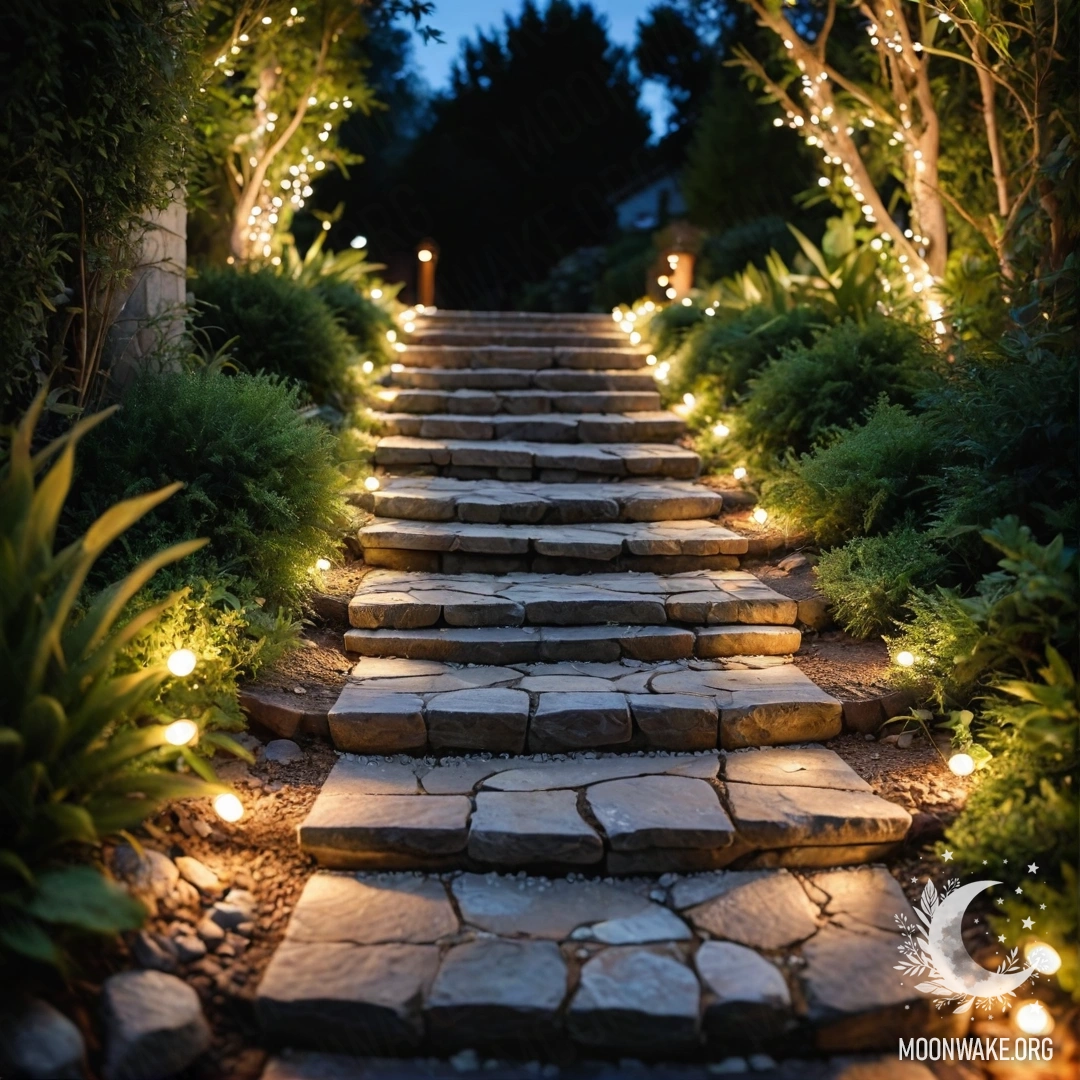 Фотореалистичный сад с гирляндами, каменным путем и деревянной лестницей, украшенной фонариками.