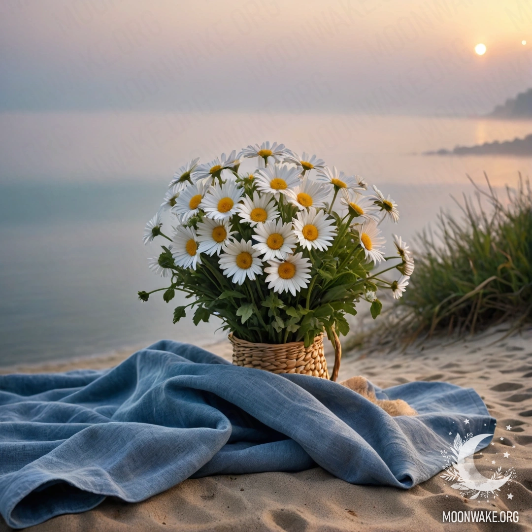Соломенная сумка с синей скатертью и букетом ромашек на песчаном пляже на закате, на фоне туманного моря.