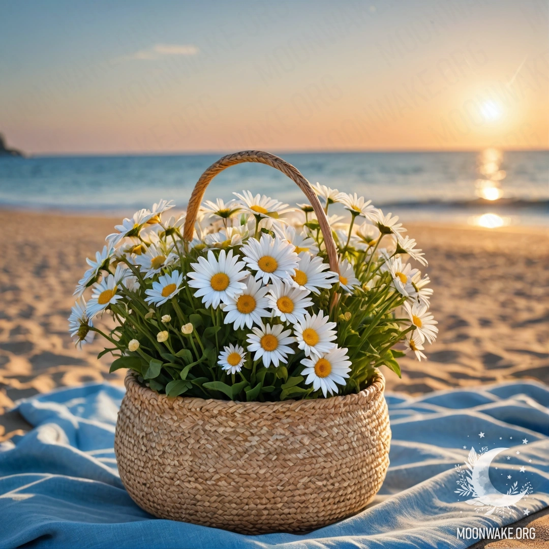 Соломенный мешок с синей скатертью и букетом ромашек на песчаном пляже на закате, на фоне моря и солнечных лучей.