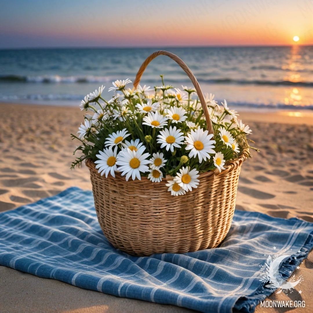 Соломенная сумка с голубой скатертью и букетом ромашек на песчаном пляже на закате.