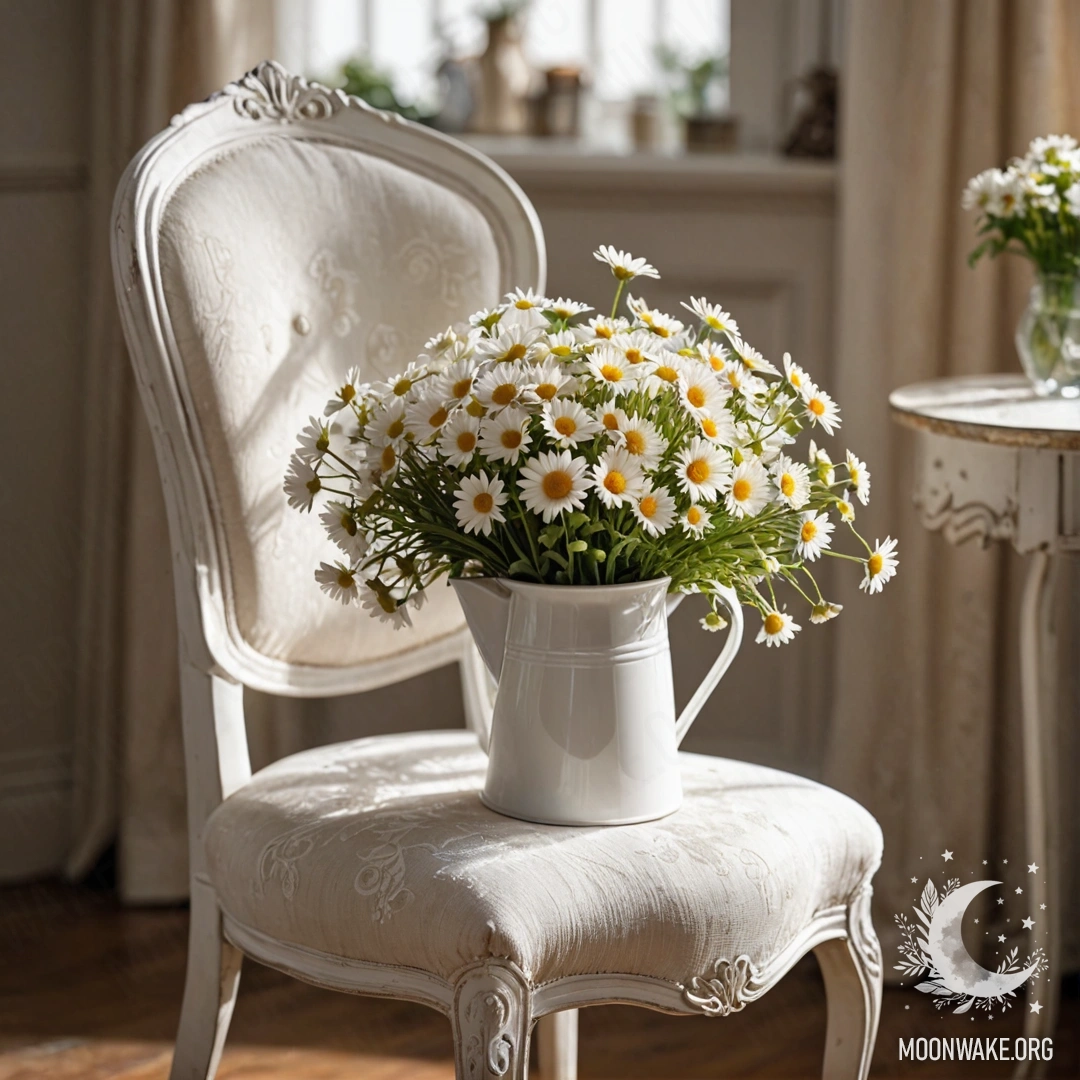 Крупный план винтажного стула с потертостями, украшенного белой тканью, чашкой кофе и ведром с ромашками, мягко освещённого гирляндой огней.