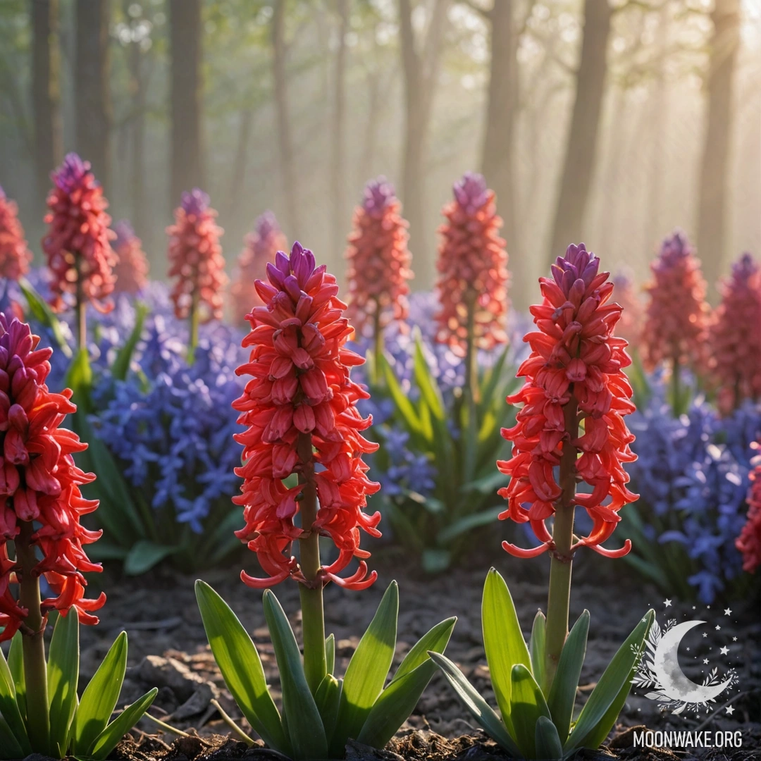 Красный цветок гиацинта, пробивающийся сквозь туман, освещенный солнечными лучами.