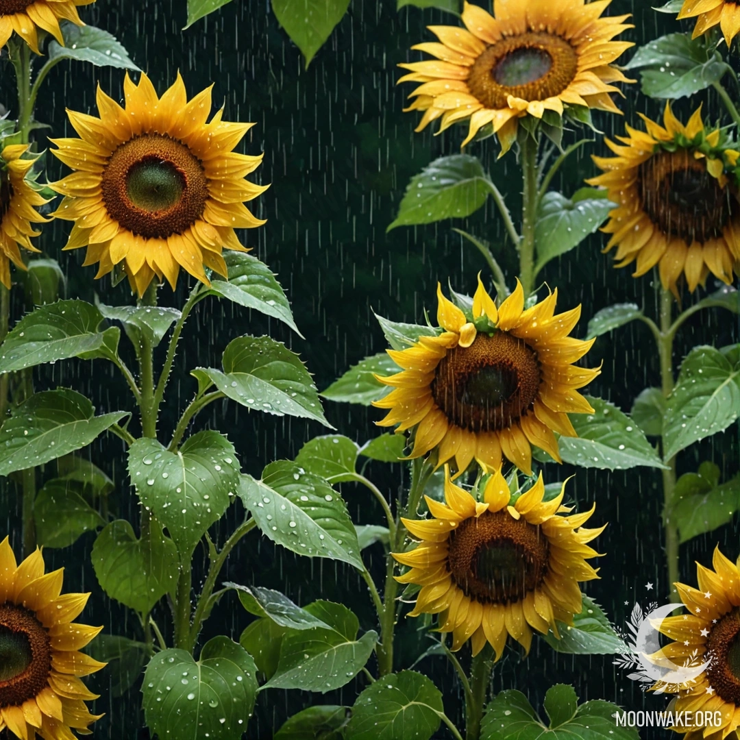Великолепный вид на яркие подсолнухи, drenched в дождь ночью, окруженные узорами зелени.