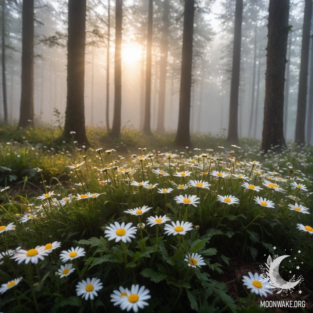 Солнечный свет пробивается сквозь деревья в туманном лесу, крупный план ромашек.