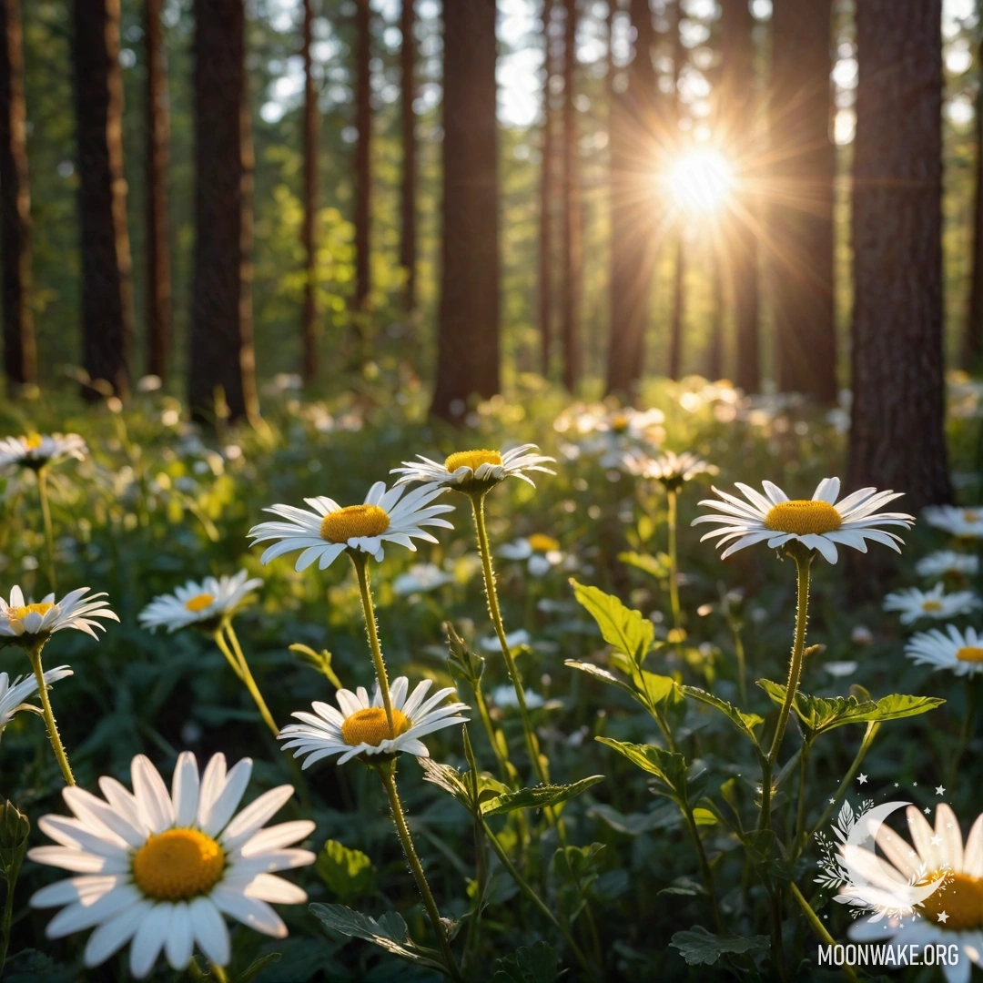 Крупный план ромашек, освещенных солнечными лучами, пробивающимися сквозь деревья на закате.