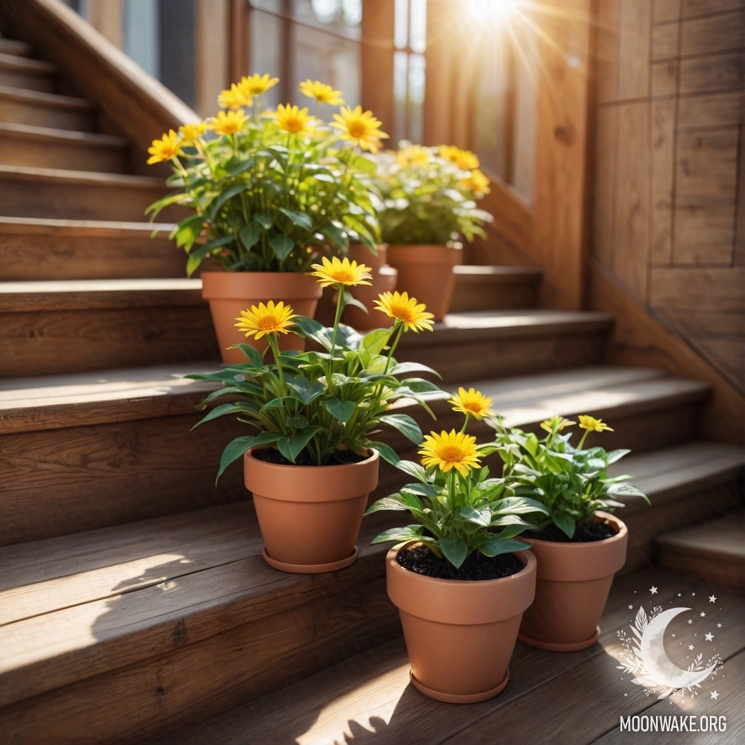 Абстрактное изображение цветочных горшков на деревянной лестнице на фоне солнечного света.