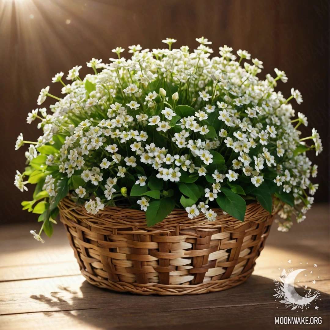 Корзинка с мелкими белыми цветами, освещенная солнечными лучами, на деревянном столе.