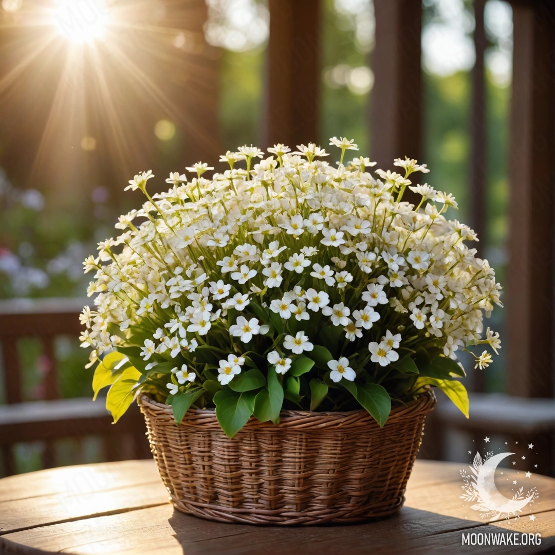 Корзина, полная маленьких белых цветов, освещенная закатными лучами на деревянном столе.