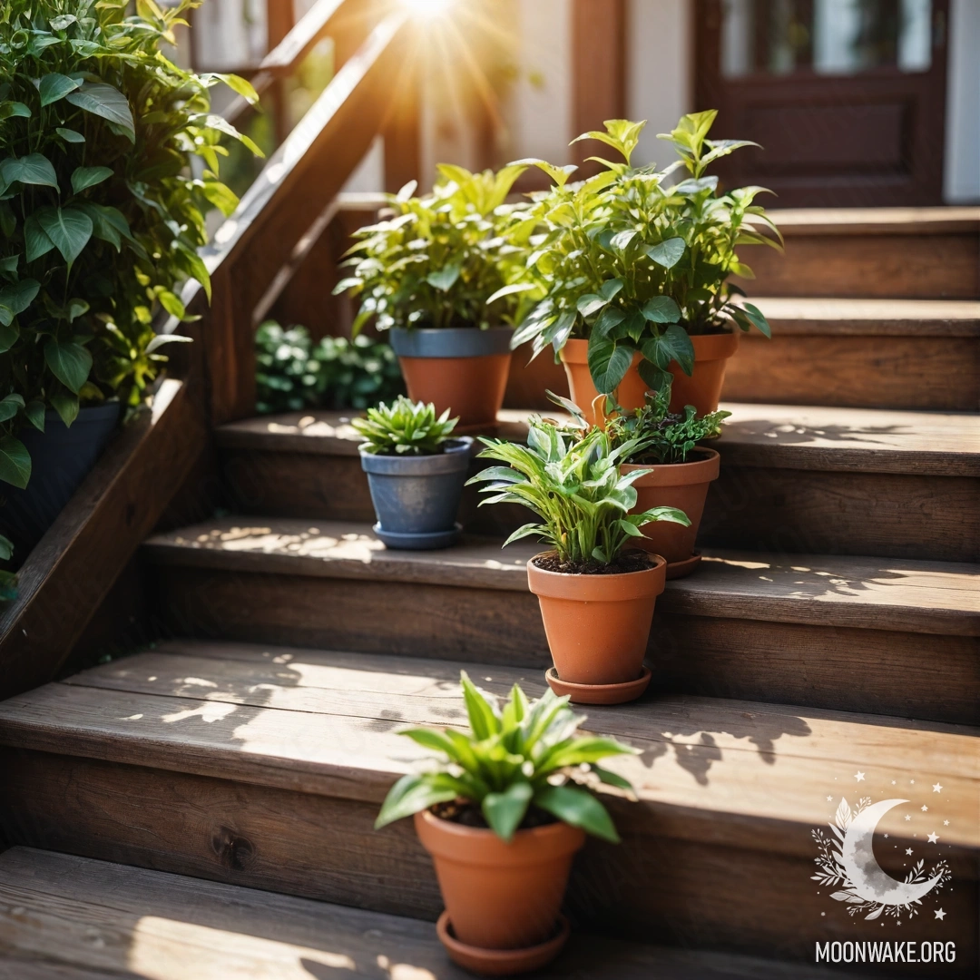 Спокойная деревянная лестница, украшенная цветочными горшками, освещенными солнечными лучами.