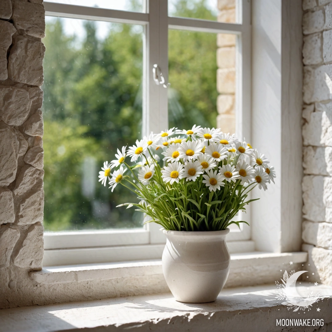 Белая каменная стена с открытым окном и корзиной ромашек на подоконнике, залитой солнечным светом.