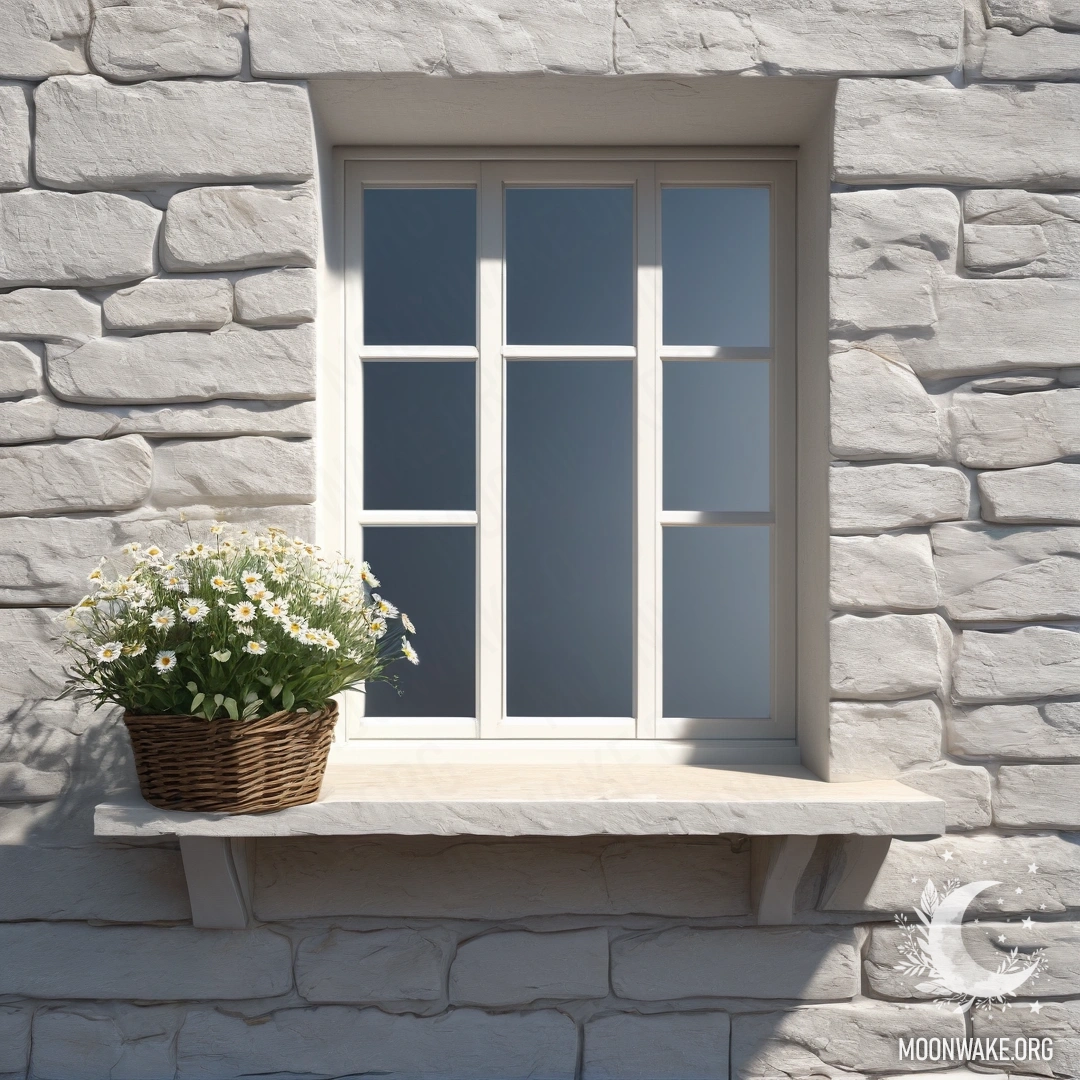 Фотореалистичное изображение белой каменной стены с открытым окном и корзиной с ромашками на подоконнике, залитым солнечными лучами.