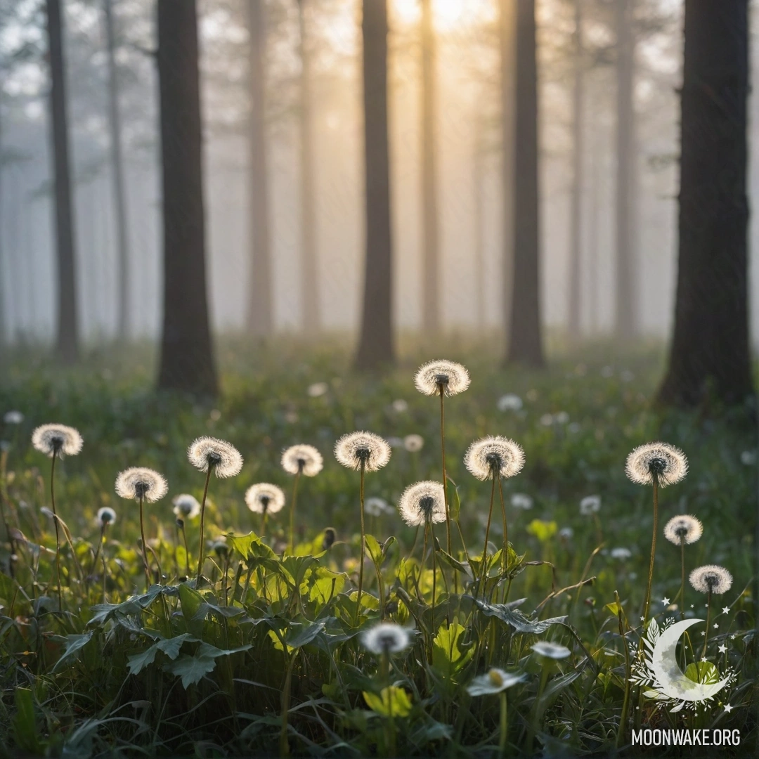 Крупный план одуванчиков на спокойном поле с проникающим сквозь деревья светом.