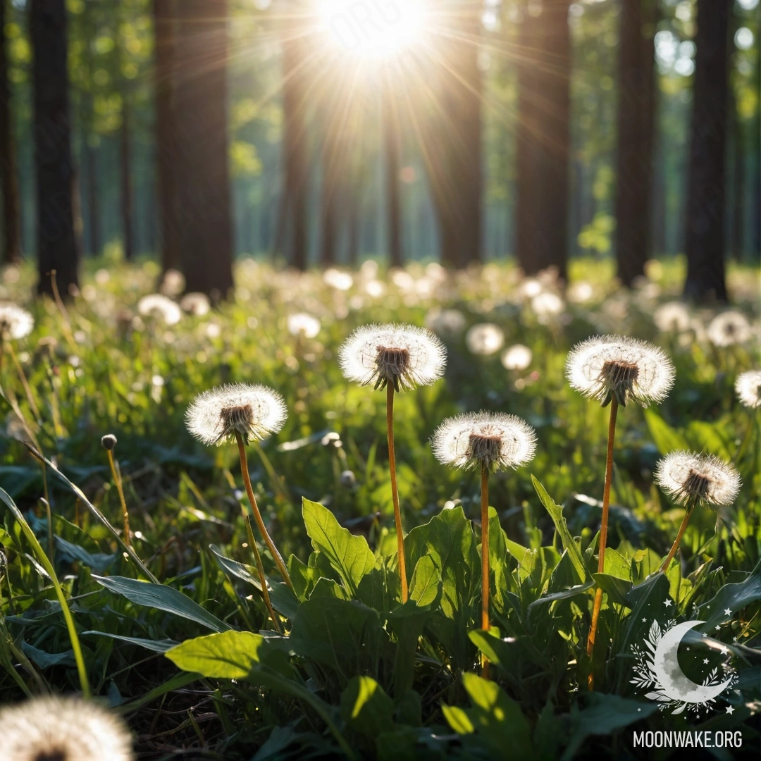 Крупный план одуванчиков на спокойном поле с солнечными лучами, пробивающимися сквозь деревья.