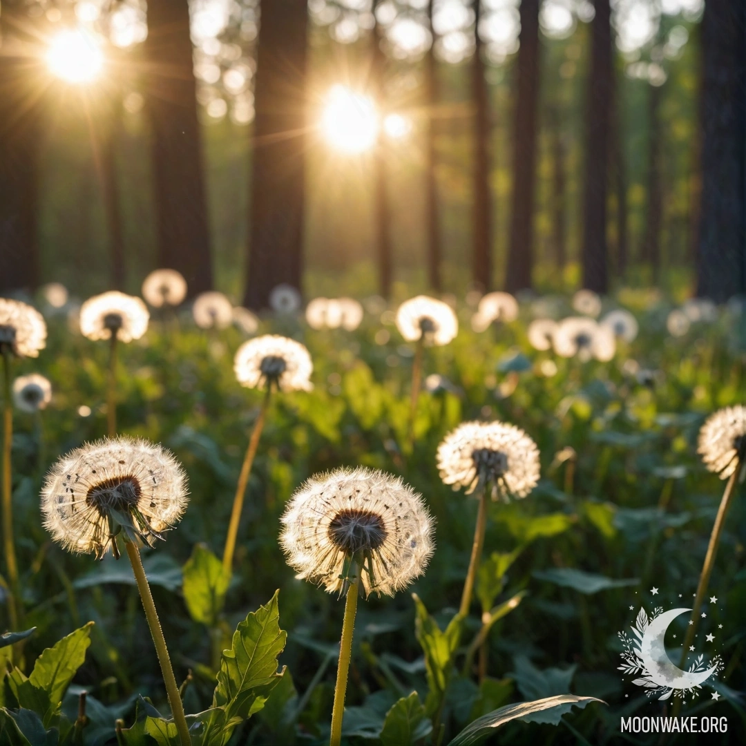 Крупный план одуванчиков на спокойном поле с размытым лесным фоном и солнечными лучами, пробивающимися сквозь деревья на закате.